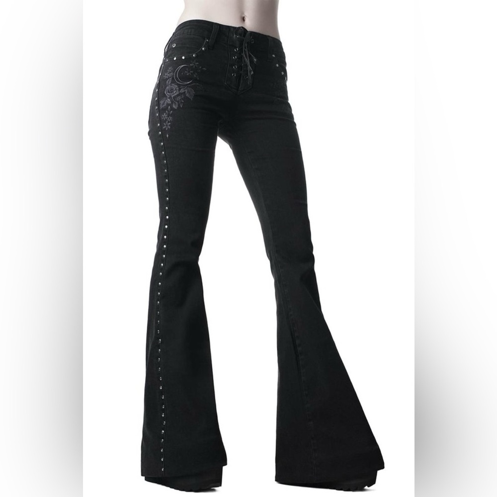 Killstar Evanora Jeans, RARE! Studded Black Like New Extra Long Flares Black